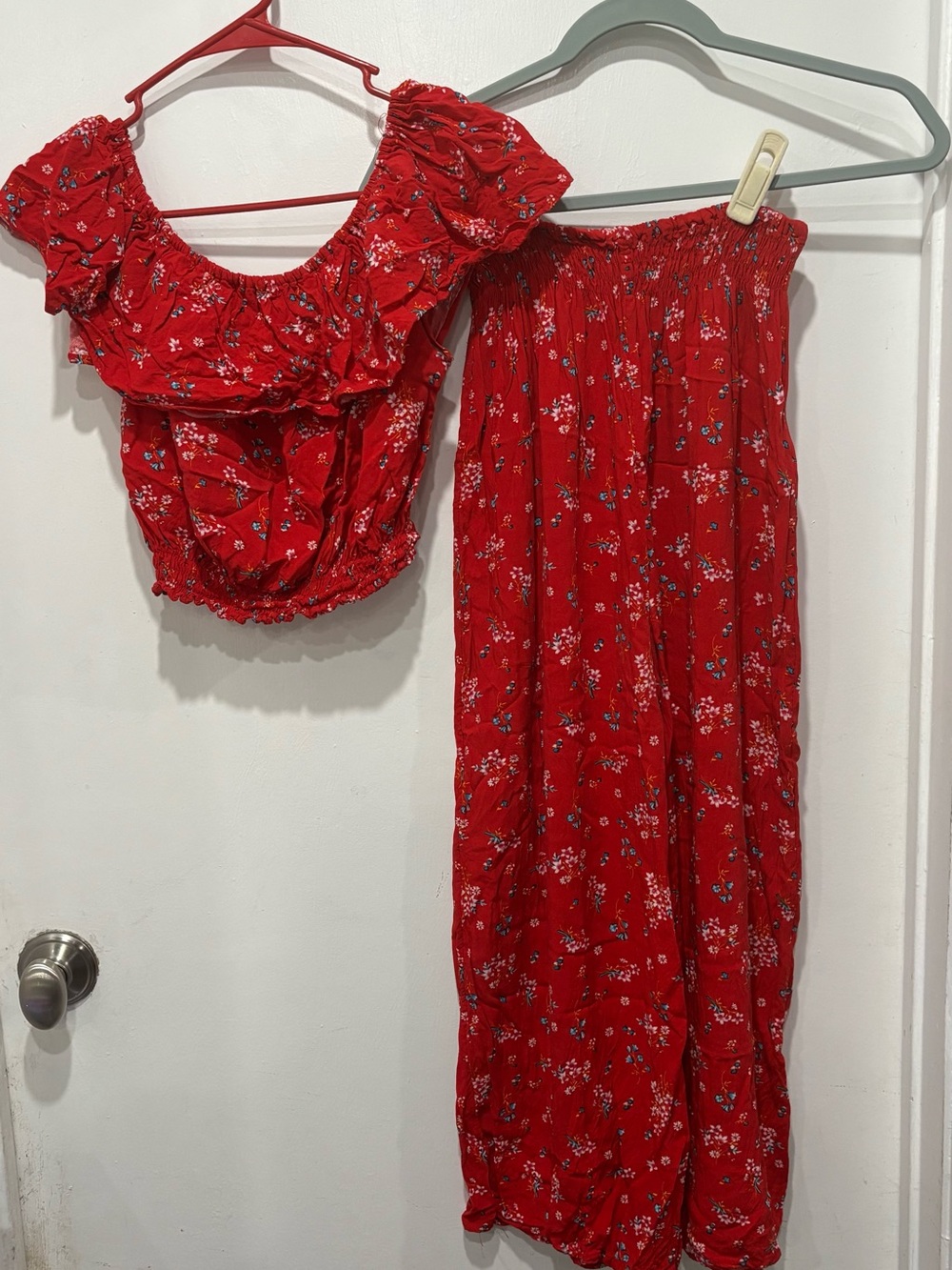 Red Floral Two-Piece Crop Top & Maxi Skirt Set